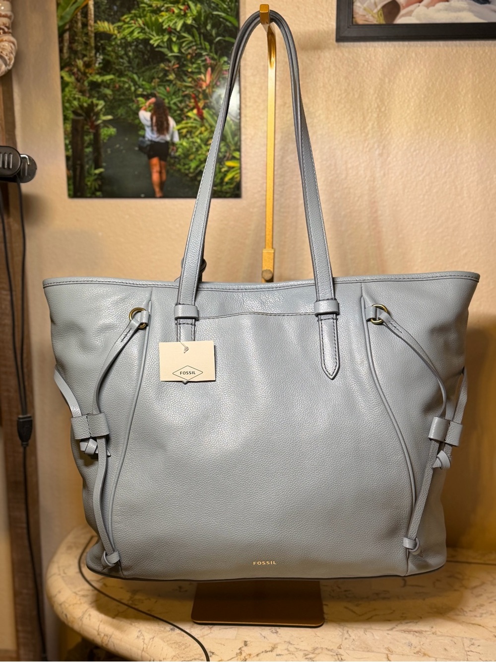 Fossil Light Gray Leather Tote Bag